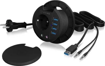 Produktbild von RaidSonic ICY BOX Tisch-Hub, 4x USB-A 3.0, Audio, Schuko Steckdose, Einbau 80mm, schwarz, 1 Stk.