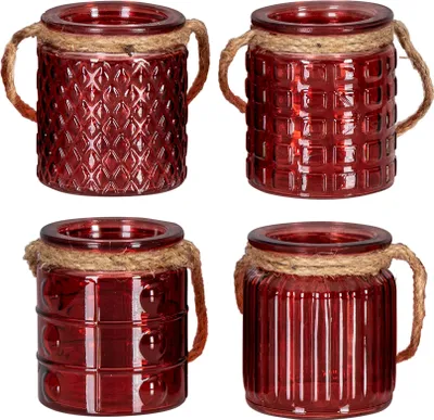 Produktbild von 4er Set Windlicht H10cm Glas Bordeaux Rot Teelichthalter Tischdeko Kerzen Retro