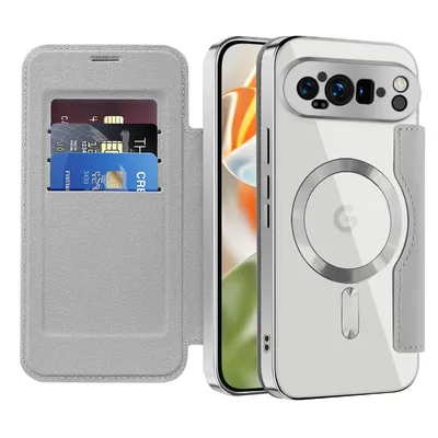 Image de Étui pour Google Pixel 9 Pro XL compatible avec MagSafe, étui transparent avec porte-cartes, étui en cuir avec protection de l'appareil photo Argent
