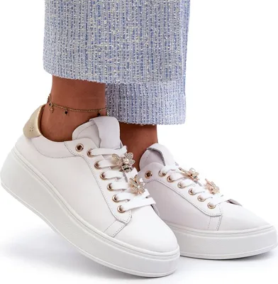 Zdjęcie produktu dla Skórzane Sneakersy Damskie Na Platformie Z Przypinkami D&A SN67 Białe 39