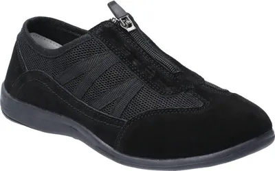 A single black shoe is shown from a side angle on a white background.