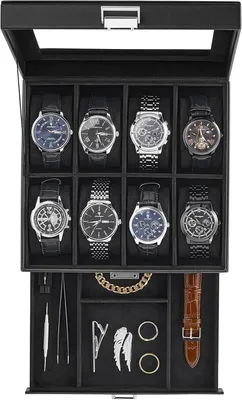 Produktbild von Uhrenkästchen mit 8 Fächern, Glasdeckel und Schublade, Organizer für Uhren und Schmuck, schwarz