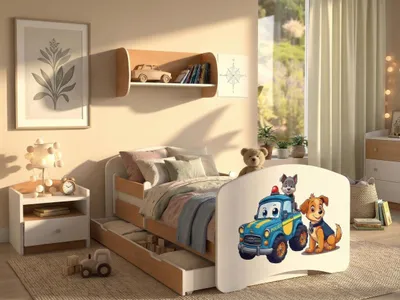 Produktbild von Happy Babies Kinderbett - mit Rausfallschutz Junge 140x70 Bett für Kinderzimmer mit Schublade & Matratze Einzelbett für Kinder Gold - Hundethema (Patrolowe pieski)