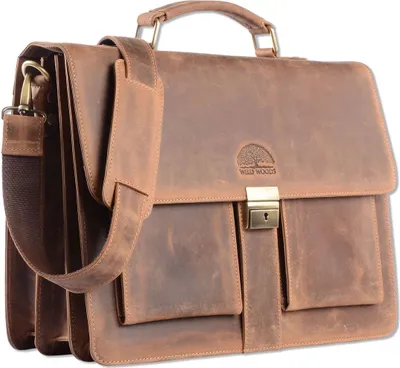 Produktbild von WILD WOODS - Aktentasche Leder XL mit Laptopfach 15,6 Zoll große Ledertasche zum Umhängen aus Büffelleder Braun Vintage