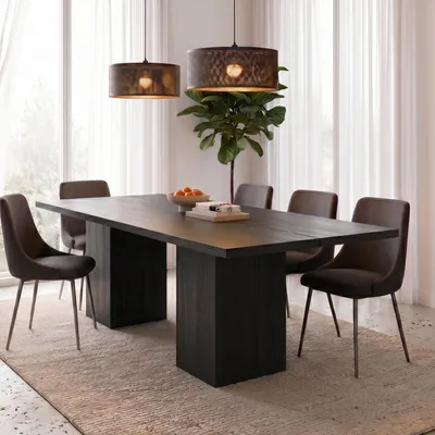 Produktbild von Esstisch MAHO 200 x 100 cm aus Mangoholz, Schwarz - Esszimmertisch mit stabilem Blockbeinen, robuste Tischplatte, Platz für bis zu 8 Personen, einzigartige Holzmaserung
