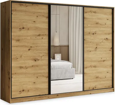Produktbild von Masseno Schiebetürenschrank TARI 270/205/58 cm Kleiderschrank mit 4 Schubladen Schlafzimmer Schrank 3-türig mit Spiegel Eiche Artisan