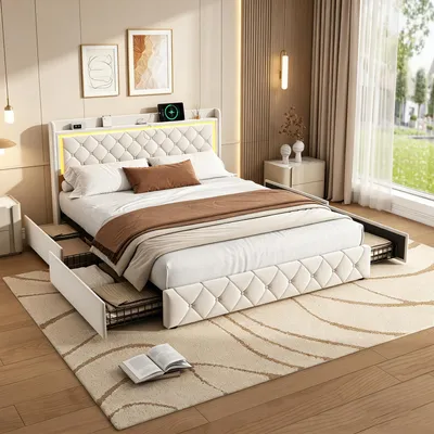 Produktbild von INONEFT Polsterbetten 140x190 mit LED und USB/C, Boxspringbetten Doppelbett mit 4 Schubladen und Lattenrost,Funktionsbett Stauraumbetten,Samt, Beige