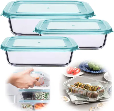 A collage of glass food storage containers with teal lids, showing them stacked, being filled, and containing food.