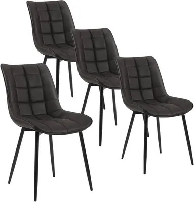Four dark gray dining chairs with black metal legs are arranged on a white background.