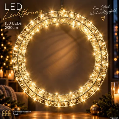 Produktbild von LED Lichtkranz 30 cm mit Timer, 150 warmweiße LEDs, Silber Metall Weihnachtskranz, batteriebetrieben, Fensterdeko, Wanddeko, Weihnachtsbeleuchtung