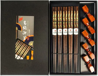 Produktbild von Yoaxia 5 Paar Essstäbchen + 5 Ablagen | Take No Niwa | Stäbchen aus Holz | Geschenk Set