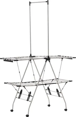 Image de HOMCOM Séchoir à linge étendoir pliable avec roulettes grand espace d'étendage acier inoxydable 138,5 x 63 x 208 cm argent noir