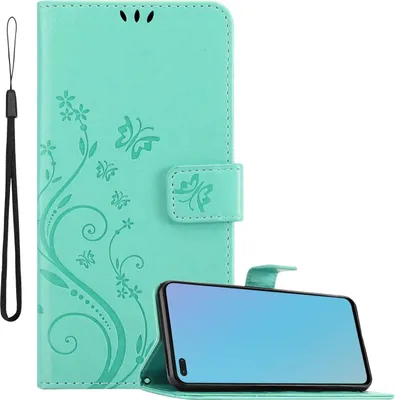Produktbild von Cadorabo Hülle für OnePlus Nord in FLORAL TÜRKIS Schutzhülle im Blumen Design mit Magnetverschluss, Standfunktion und Kartenfächern Flip Case Flower Cover Etui Handy Klapp Hülle Book Tasche