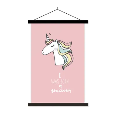 Produktbild von MuchoWow® Textilposter Einhorn - Zitate - Rosa - Ich wurde als Einhorn geboren - Mädchen - Kind 60x90 cm mit schwarzem Rahmen - Poster Wohnzimmer