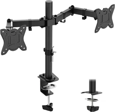Immagine prodotto di Supporto per due monitor - Porta scrivania - Organizzazione dell'area di lavoro - Regolabile in altezza - Per monitor da 13 a 27 pollici - Nero