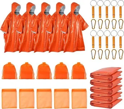 Immagine prodotto di Kit di sopravvivenza outdoor da 40 pezzi: poncho impermeabili, bandierine di segnalazione, moschettoni e zaini - Impermeabili e termoisolanti per avventure nella natura selvaggia