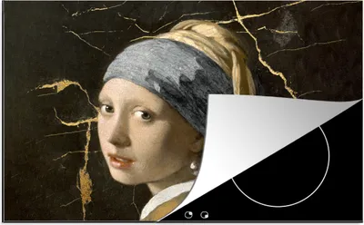 Produktbild von KitchenYeah© Herdabdeckplatte Mädchen mit Perlenohrring - Vermeer - Marmor , 81x52cm, Küche Deko, Glaskeramikkochfeld Herdabdeckung, Abdeckplatte fùr Kochfeld