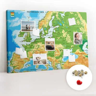 Obrázek produktu pro Korková nástěnka s kolíčky - Tabule s kolíky pro fotografie a poznámky - 120x80 cm - Připínáčky kovové 100 kusů - Zeměpis Mapa světa