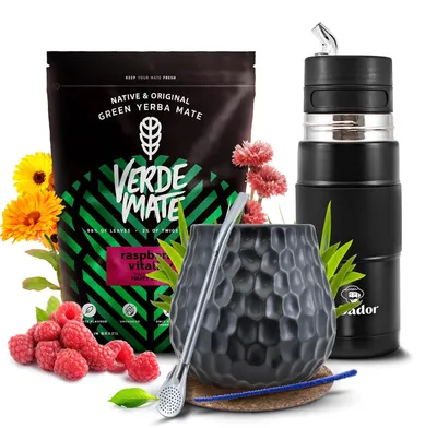 Produktbild von Verde Mate - Mate Tee Set Raspberry Vitality 500g - Yerba Mate Dicke Blätter 5mm - Yerbomos X Thermoskanne Schwarz 450ml - Mate Becher 400ml - Mild