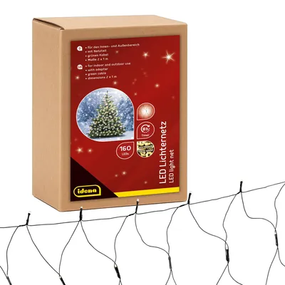 Productafbeelding van LED-lichtnet met 160 LED's in warm wit, ca. 2 x 1 m, met timerfunctie en transformator