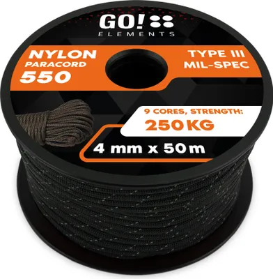 Produktbild von GO!elements 50m Paracord Seil aus reißfester Nylonschnur - 4mm Paracord 550 Typ III Schnur - geeignet als Allzweckseil & Reepschnur - Max. 250kg, Farbe: Schwarz-Reflektierenden