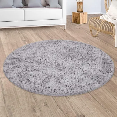Image de Tapis à poils longs Salon Tapis en fourrure synthétique Shaggy Douillet Gris argenté Taille 120 cm Rond