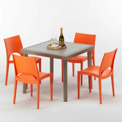 Produktbild von Polyrattan Tisch Quadratisch mit 4 Bunten Stühlen 90x90 Beige Elegance
