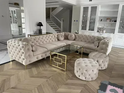 Obrázek produktu pro Rohová sedací souprava Moet ve tvaru L, béžová, rozměry 323 x 262 cm – moderní sedací souprava, prošívaná, s pružinovým jádrem Bonell, volně umístitelná