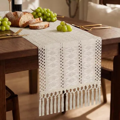 Produktbild von Tischläufer im Boho-Landhausstil, 30x140 cm mit Quasten, rechteckige Häkelspitze, Makramee für Hochzeiten und Partys, Valentinstagsdeko in Elfenbeinweiß