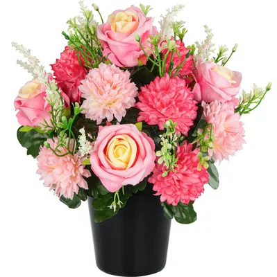 Künstliche Grabbeigaben Chrysanthemen & Rosen, Topf, 27 cm, Rosa