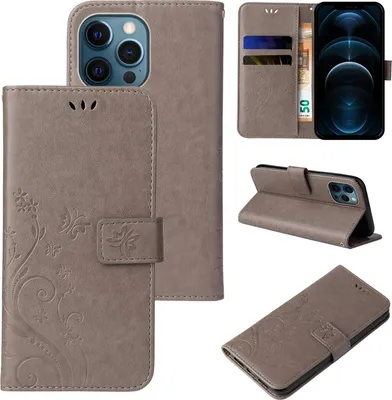 Produktbild von Handyhülle für Apple iPhone 12 Pro Max Floral Blumen Schmetterling Flip Cover Hülle Case Klapphülle Handytasche Farbe: Grau