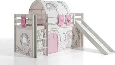 Produktbild von Vipack Spielbett Pino inkl. Rutsche mit Textilset Vorhang, Tunnel und 3 Taschen "Birdy" Kiefer massiv weiß lackiert