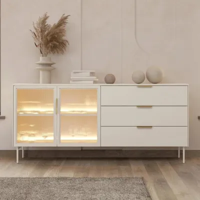 Produktbild von Sideboard LUMI 181 cm Kaschmir Riffelglas LED Gold 3 Schubladen Kommode