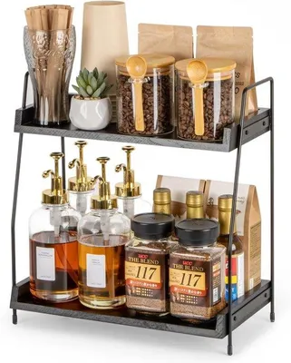 Produktbild von Famanu Kaffeebar Organizer mit 2 Ebenen - Schwarzes Holz, kompakte Aufbewahrung für Kaffeekapseln und Becher