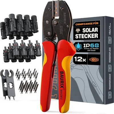 Produktbild von BAURIX Solar Crimpzange Set mit 12x Solar Stecker [2,5-6mm] I Solar Crimpzange Solar PV Kabel, Solarstecker Steck-Verbinder, Solar Kabel