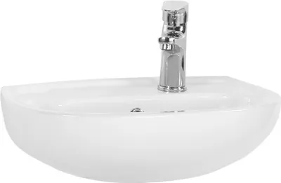 A white ceramic sink with a chrome faucet against a white background.