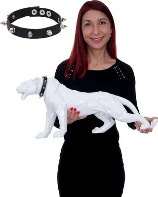 Produktbild von Deko Figur Leopard 59cm, Polyresin Skulptur Panther, In-/Outdoor  weiß hochglanz mit Halsband