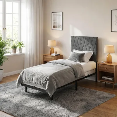 Produktbild von Metallbett 90 x 200 cm mit grauem Polsterkopfteil, Einzelbett in Schwebeoptik, stabiles Bettgestell aus Stahl, bis 160 kg belastbar, Schwarz/Grau