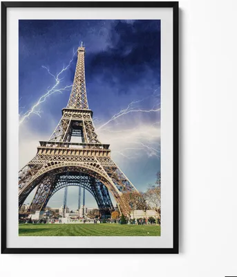 Produktbild von Eiffelturm, Blitze und Gewitter– Wandbild mit Rahmen – Gerahmtes Bild  – Wanddekoration – 70x100 cm –  Schwarz Rahmen