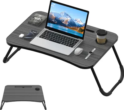 Zdjęcie produktu dla UISEBRT Czarny składany stolik na laptopa do łóżka i sofy 60 x 40 x 28 cm, wielofunkcyjny stolik na notebooka z uchwytem na kubek, szczeliną na stół i szczeliną na kubek, lekki stolik MDF na kanapę i podłogę