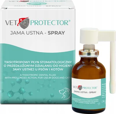 A product shot of a dental spray for pets, featuring both the box and the bottle.