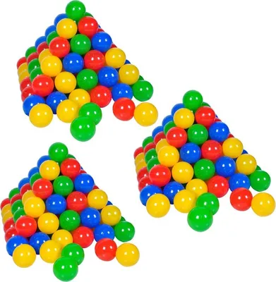 Three triangular stacks of colorful balls against a white background.