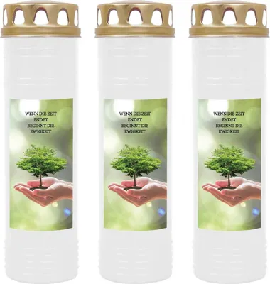 Produktbild von Grabkerze Weiß 3er Pack, Brenndauer: 170 Stunden ( je Kerze ), Motiv: Baum