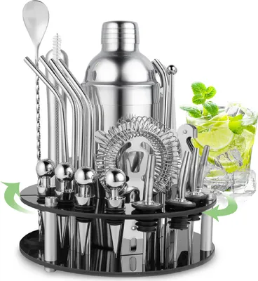 Produktbild von 30-Teiliges hochwertiges Cocktail Shaker Set, Edelstahl 750ml Shaker mit um 360 Grad drehbarem Displayständer, für Bar, Hausparty, Ideales Barset
