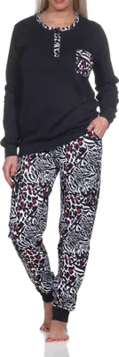 Produktbild von Normann Damen Kuschel Interlock Schlafanzug langarm mit Bündchen in Animal-Print-Optik ; schwarz , 60-62