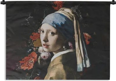 Produktbild von MuchoWow® Wandteppich Wandbehang Das Mädchen mit dem Perlenohrring - Vermeer - Blumen 90x67.5 cm Tapisserie Dekoration Wandtuch - Fototeppich - Wand-Skulpturen