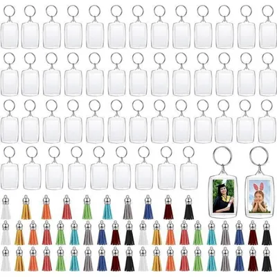 Produktbild von Acryl Schlüsselanhänger Set mit 15 Farben Quasten, 50 Stück, Transparent Bilderrahmen, Blanko für Geschenke & Basteln