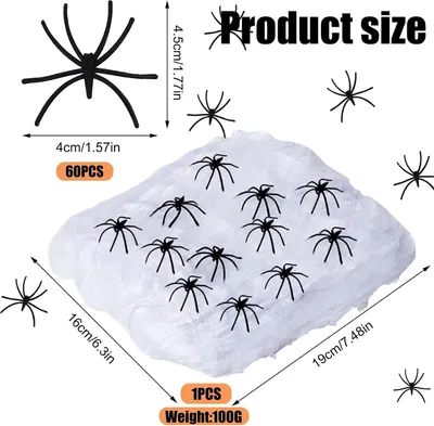 Produktbild von Halloween-Dekoration: Spinnwebenset mit 60 künstlichen Spinnen, 100 g superdehnbare Spinnweben