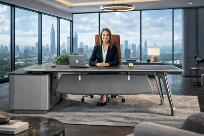Image de Bureau d'angle gris robuste, bureaux de luxe, tables en bois