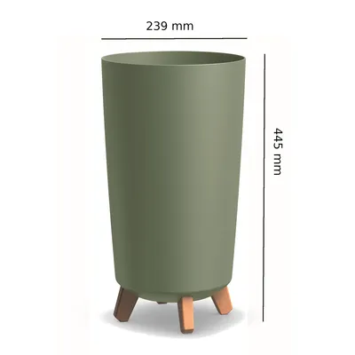 A green planter with wooden legs, shown with dimensions indicated.